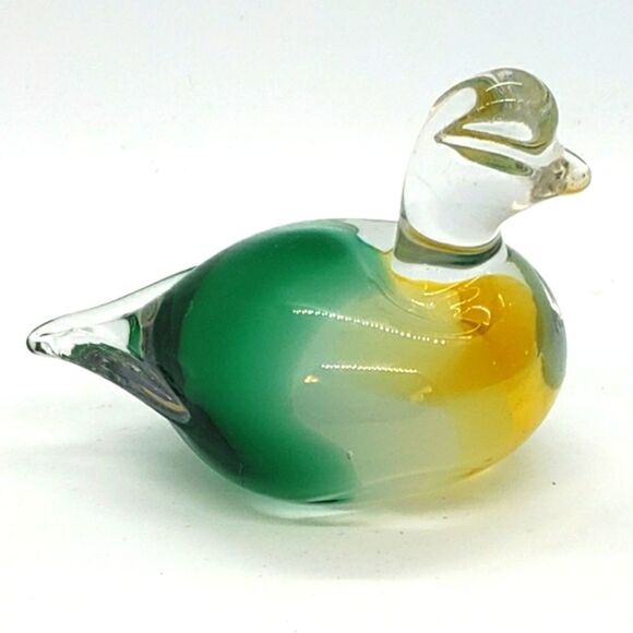 Murano Sommerso Vintage Green White Yellow Art Glass Duck Figurine Paperweight - Picture 2 of 16